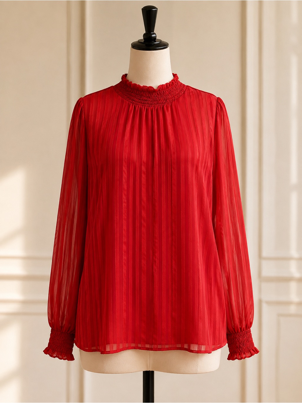 Jodifl Smocked Mock Neck Sheer Sleeve Blouse Red 2x Textured Stripe